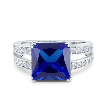 Princess Cut Art Deco Engagement Ring Simulated Blue Sapphire CZ 925 Sterling Silver